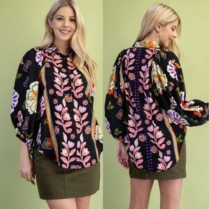 Black floral mixed media bubble sleeve button down blouse top tunic shirt